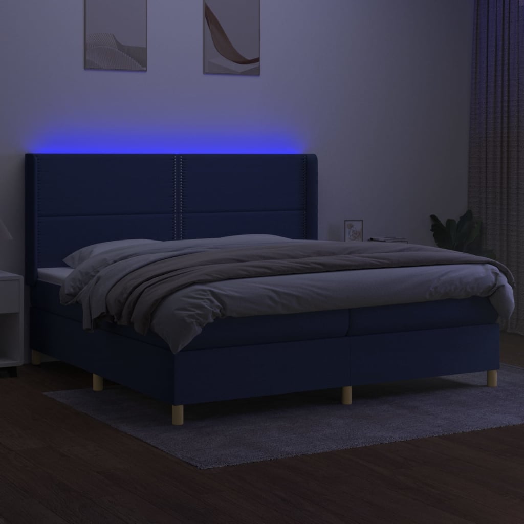 Sommier à lattes de lit matelas et LED Bleu 200x200 cm Tissu