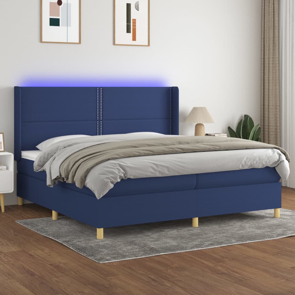 Sommier à lattes de lit matelas et LED Bleu 200x200 cm Tissu