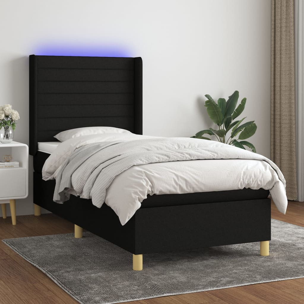 Sommier à lattes de lit matelas et LED Noir 90x190 cm Tissu