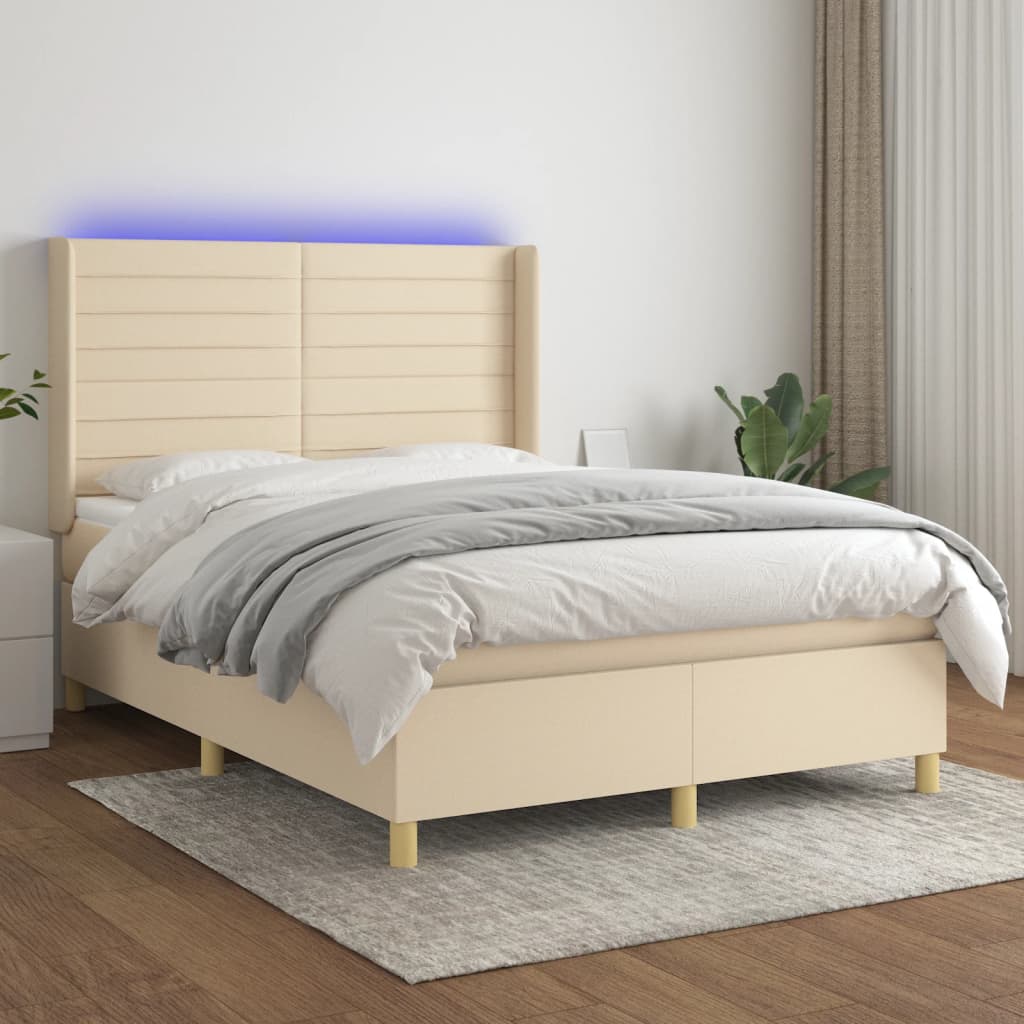 Sommier à lattes de lit matelas et LED Crème 140x190 cm Tissu