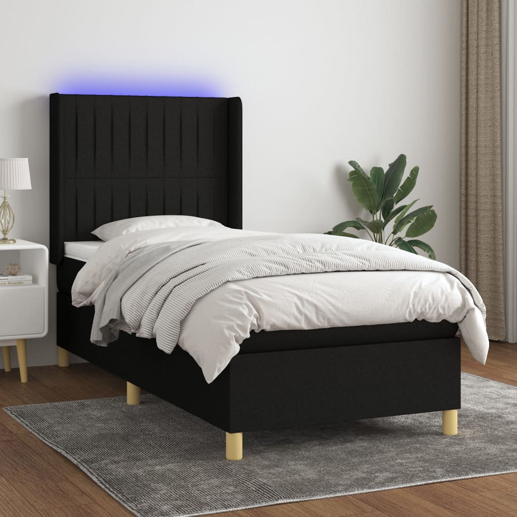 Bed slatted base mattress and LED Black 90x190 cm Fabric