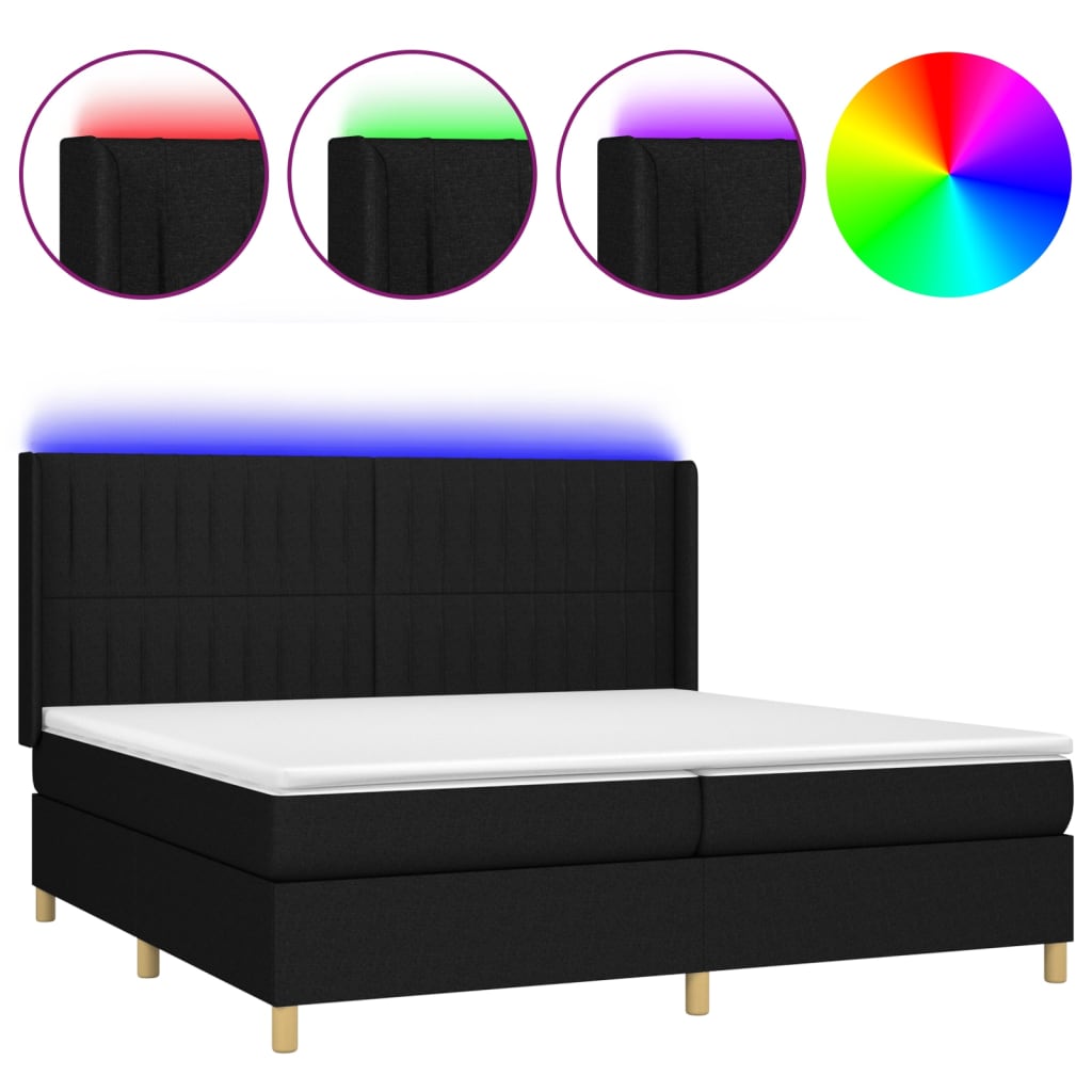 Sommier à lattes de lit matelas et LED Noir 200x200 cm Tissu