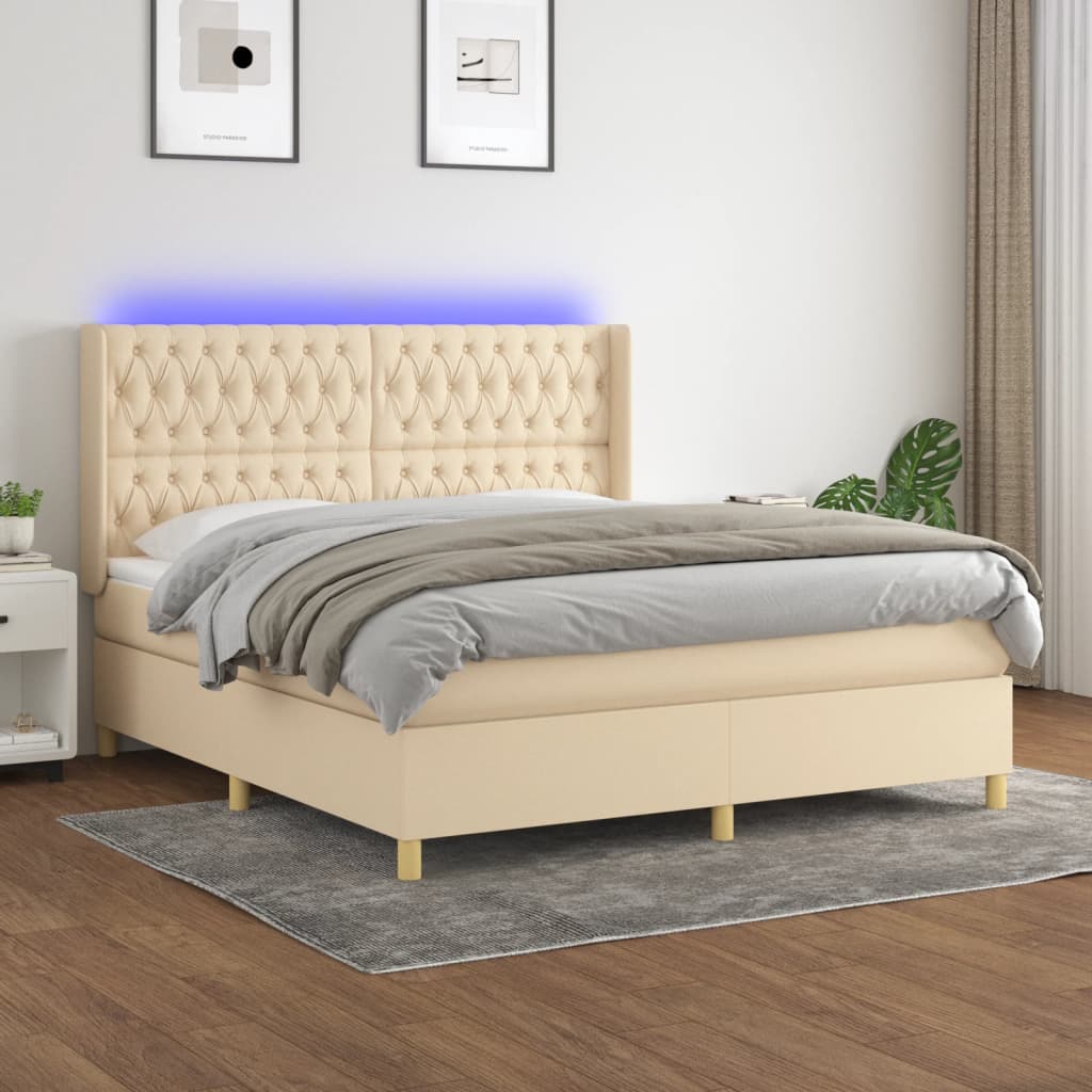 Sommier à lattes de lit matelas et LED Crème 160x200 cm Tissu