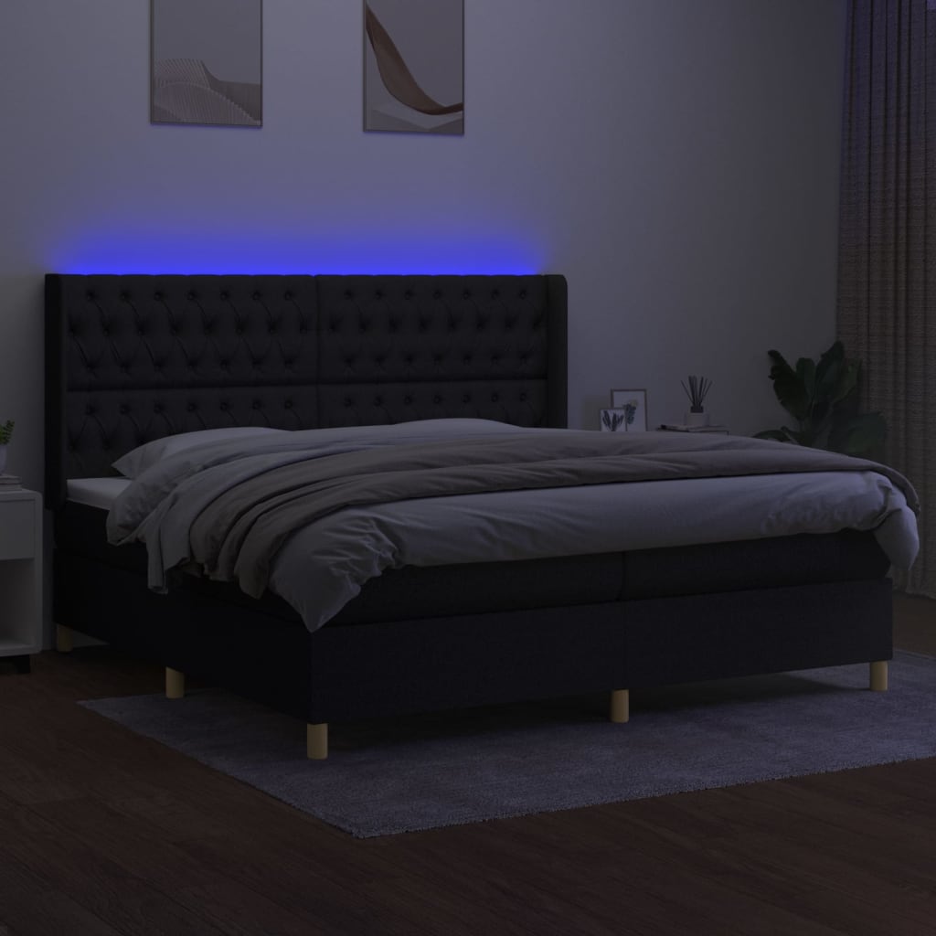 Sommier à lattes de lit matelas et LED Noir 200x200 cm Tissu