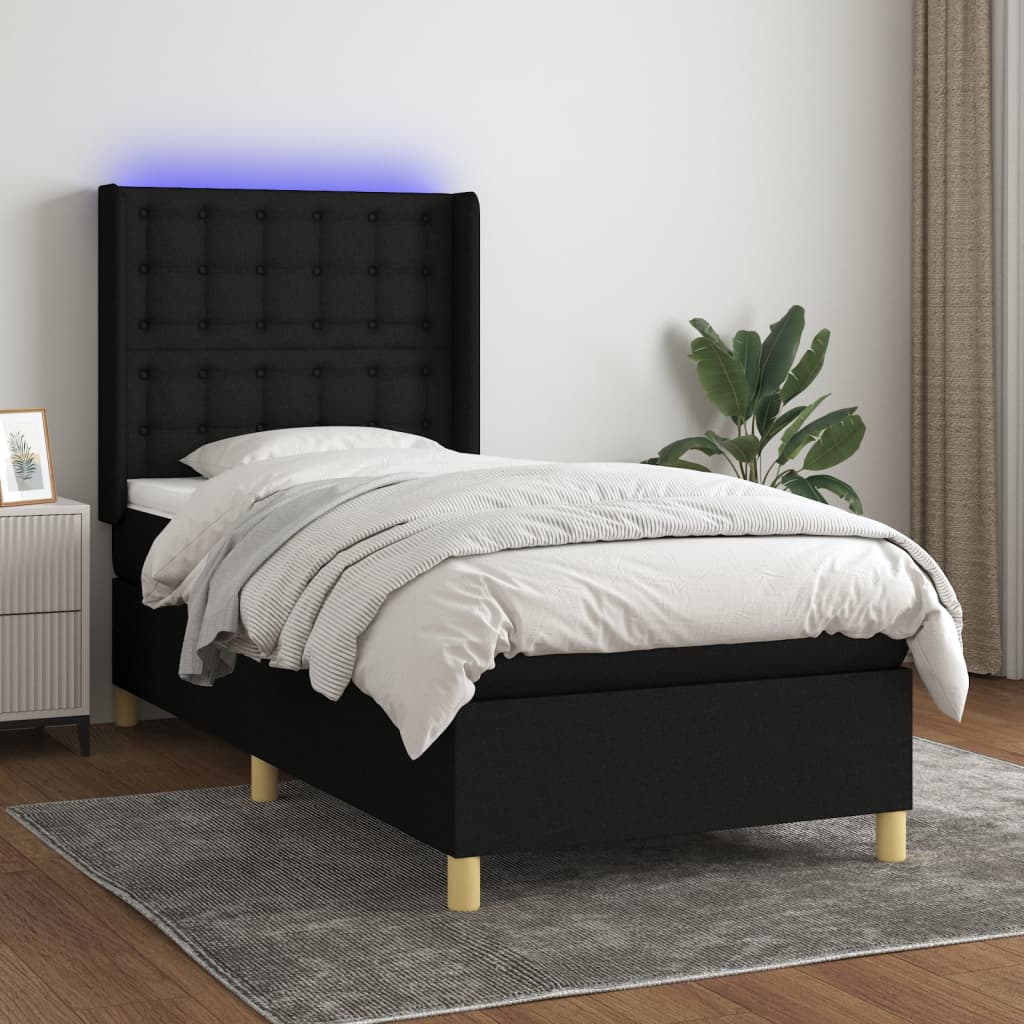 Sommier à lattes de lit matelas et LED Noir 90x190 cm Tissu