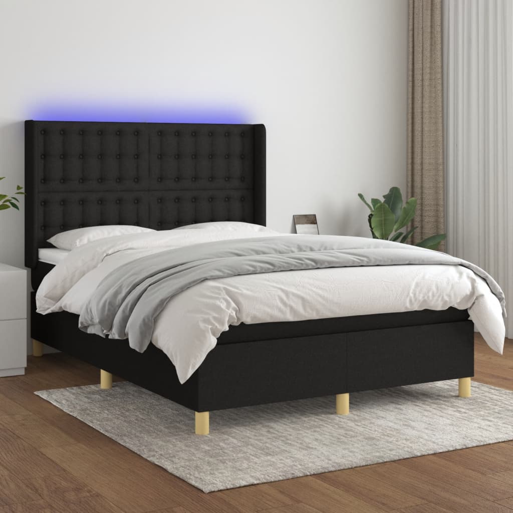 Sommier à lattes de lit matelas et LED Noir 140x190 cm Tissu