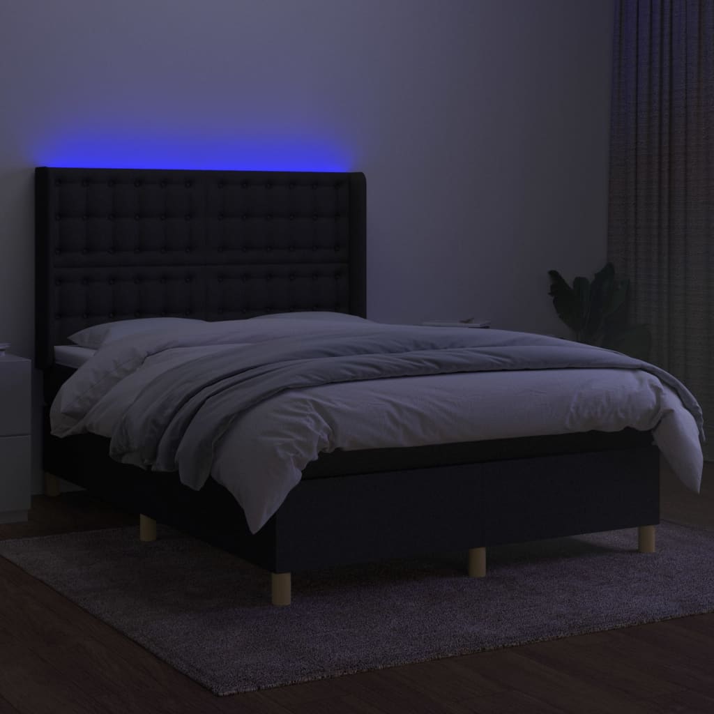 Sommier à lattes de lit matelas et LED Noir 140x200 cm Tissu