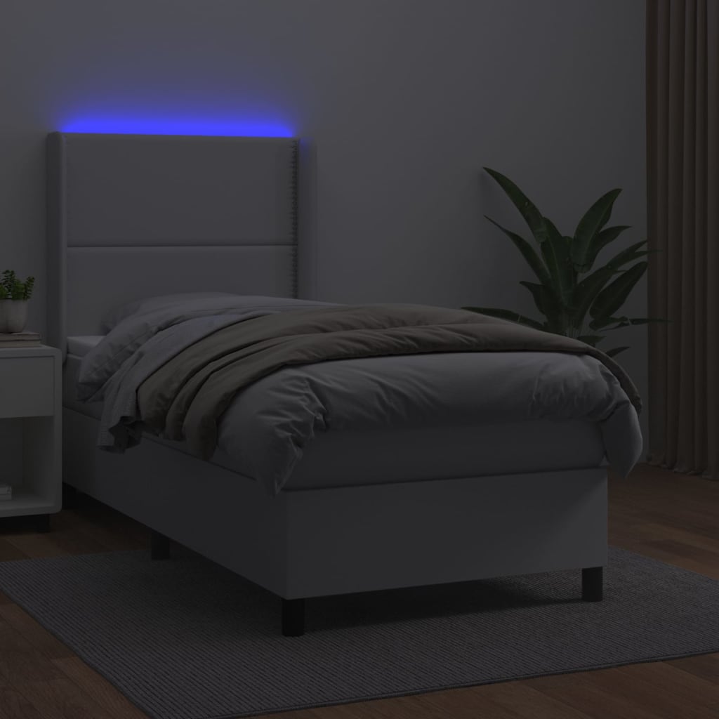 Weißes LED-Matratzenbett mit Lattenrost 100x200 cm, Kunstleder