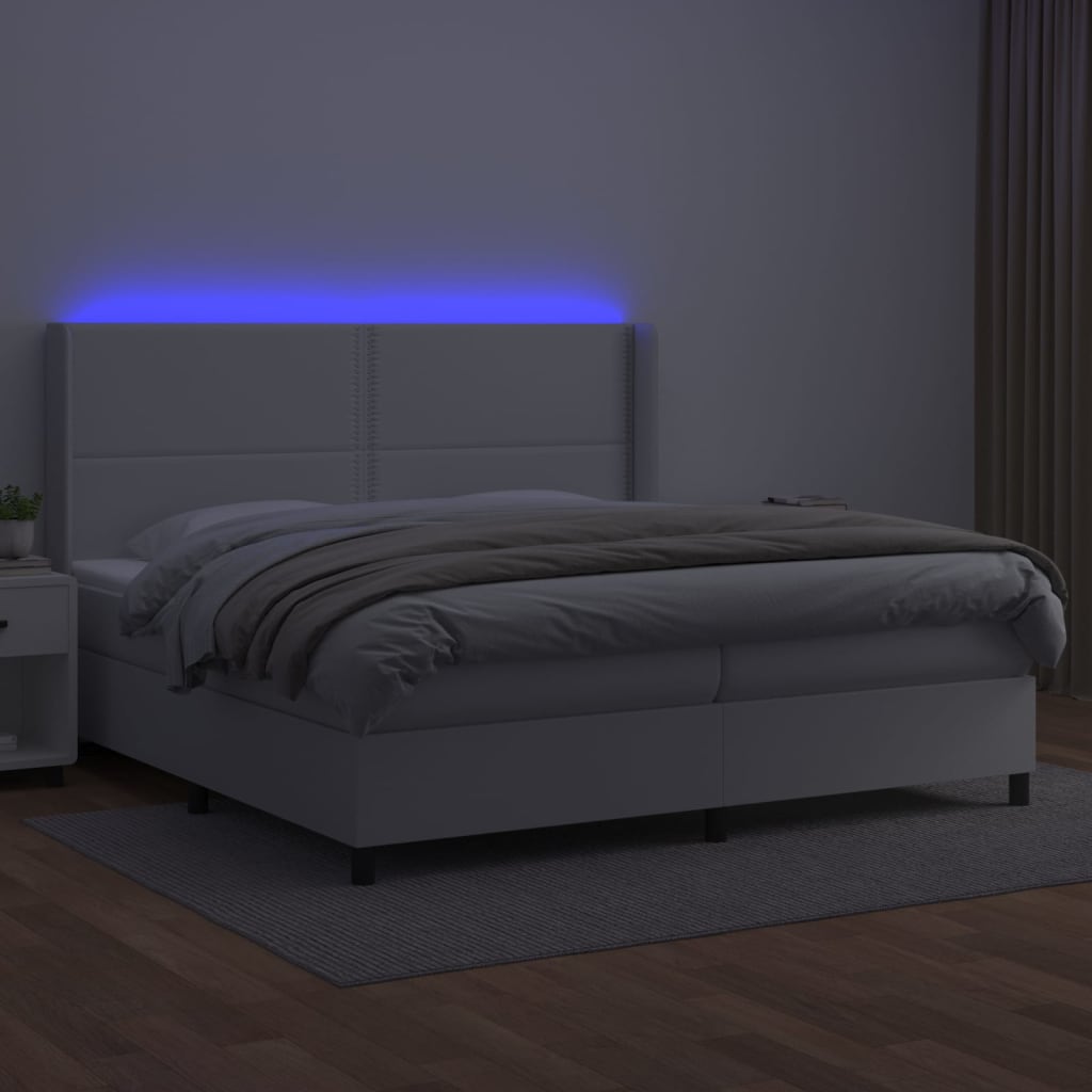 Weißes LED-Matratzenbett mit Lattenrost 200x200 cm, Kunstleder