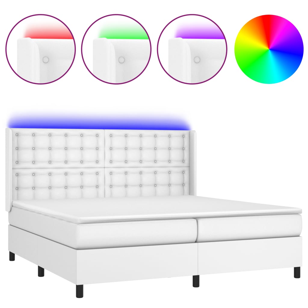 Weißes LED-Matratzenbett mit Lattenrost 200x200 cm, Kunstleder