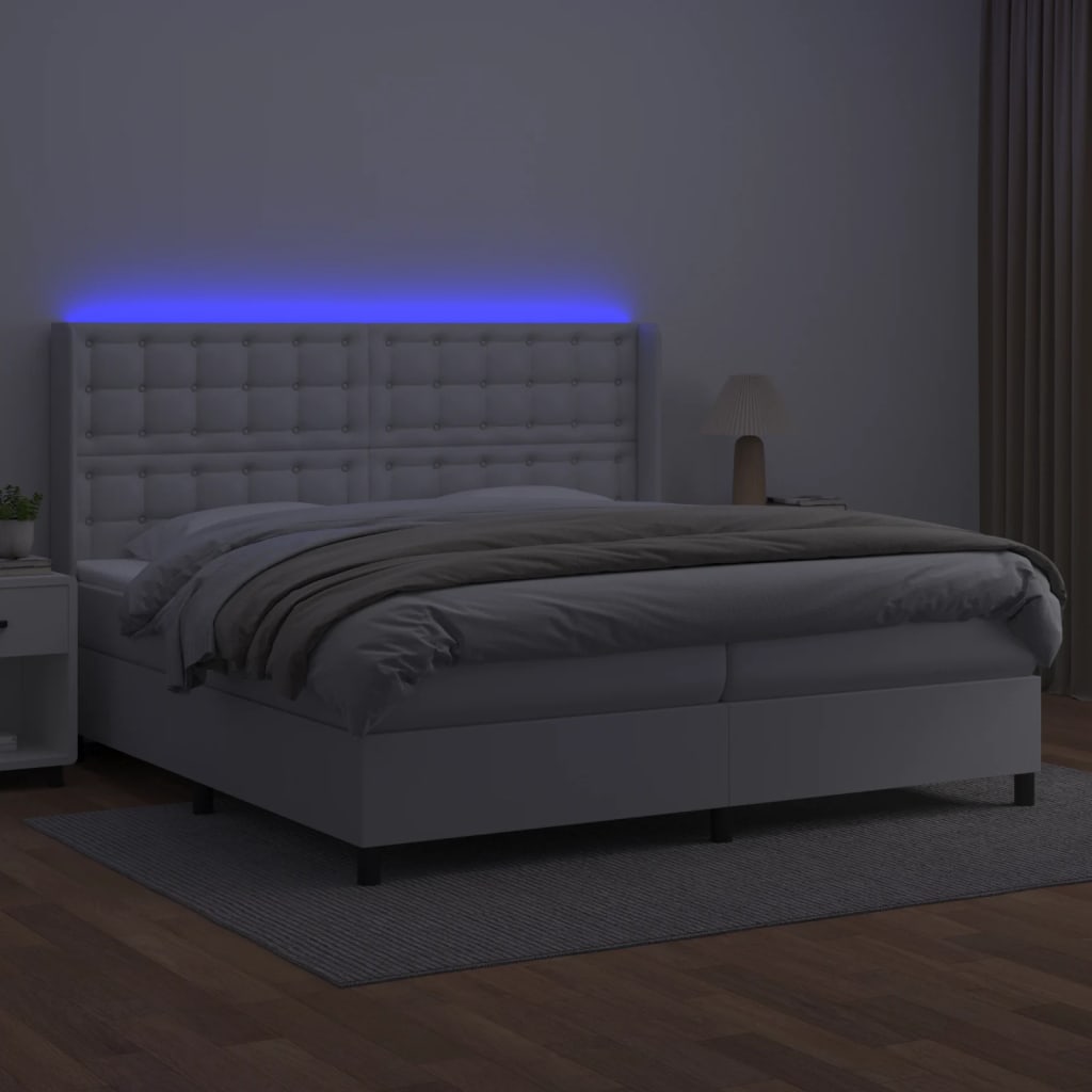 Weißes LED-Matratzenbett mit Lattenrost 200x200 cm, Kunstleder