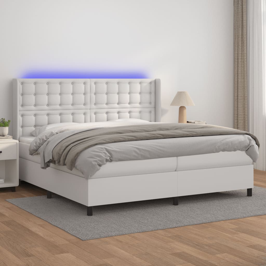 Weißes LED-Matratzenbett mit Lattenrost 200x200 cm, Kunstleder