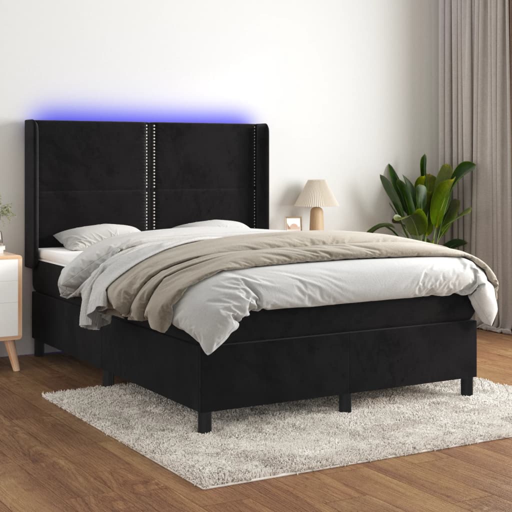 Sommier à lattes de lit matelas et LED Noir 140x190 cm Velours