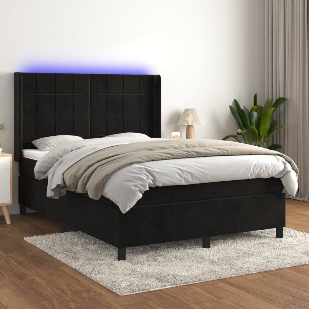 Sommier à lattes de lit matelas et LED Noir 140x190 cm Velours