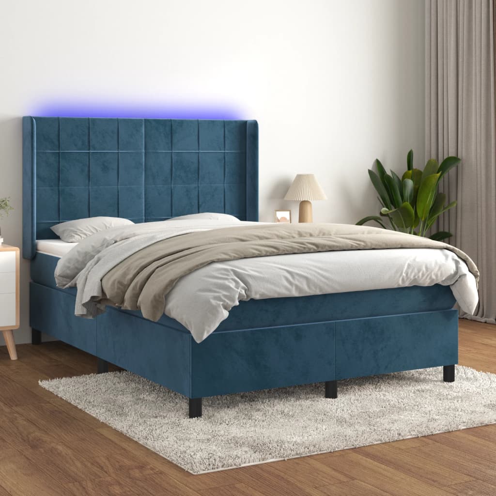 Sommier à lattes de lit matelas et LED Bleu foncé 140x190 cm