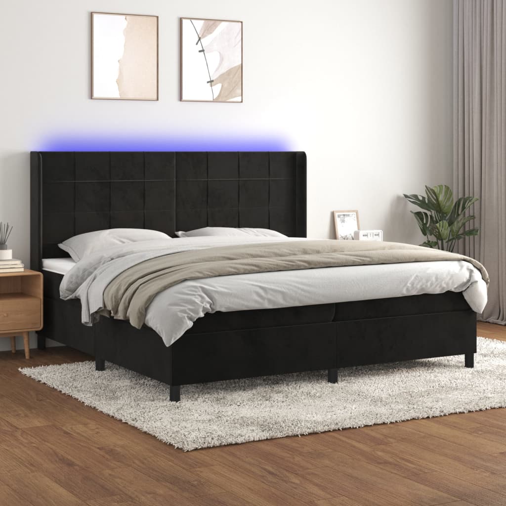 Sommier à lattes de lit matelas et LED Noir 200x200 cm Velours