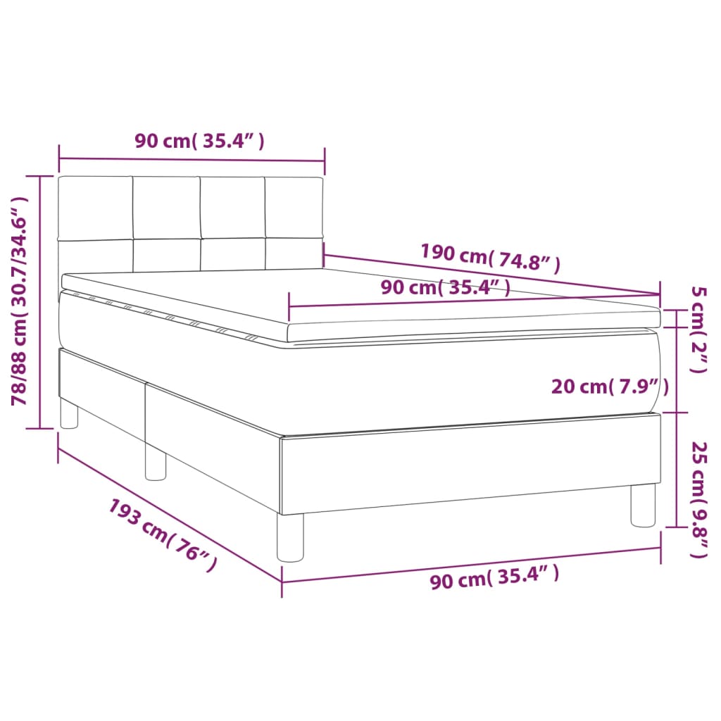 Sommier à lattes de lit avec matelas et LED Gris foncé 90x190cm