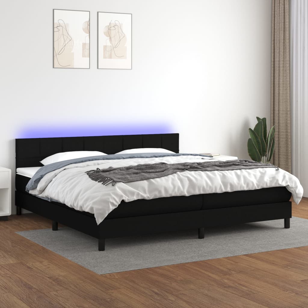 Sommier à lattes de lit et matelas et LED Noir 200x200 cm Tissu