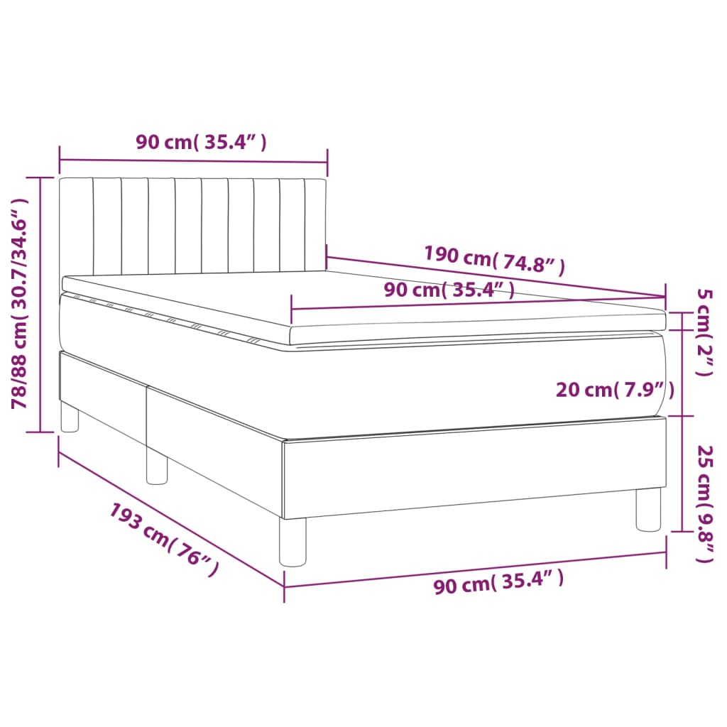 Sommier à lattes de lit avec matelas et LED Gris foncé 90x190cm