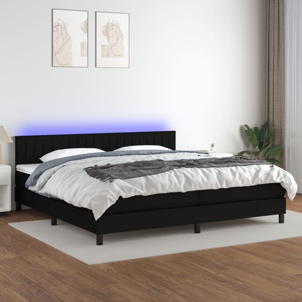 Sommier à lattes de lit et matelas et LED Noir 200x200 cm Tissu