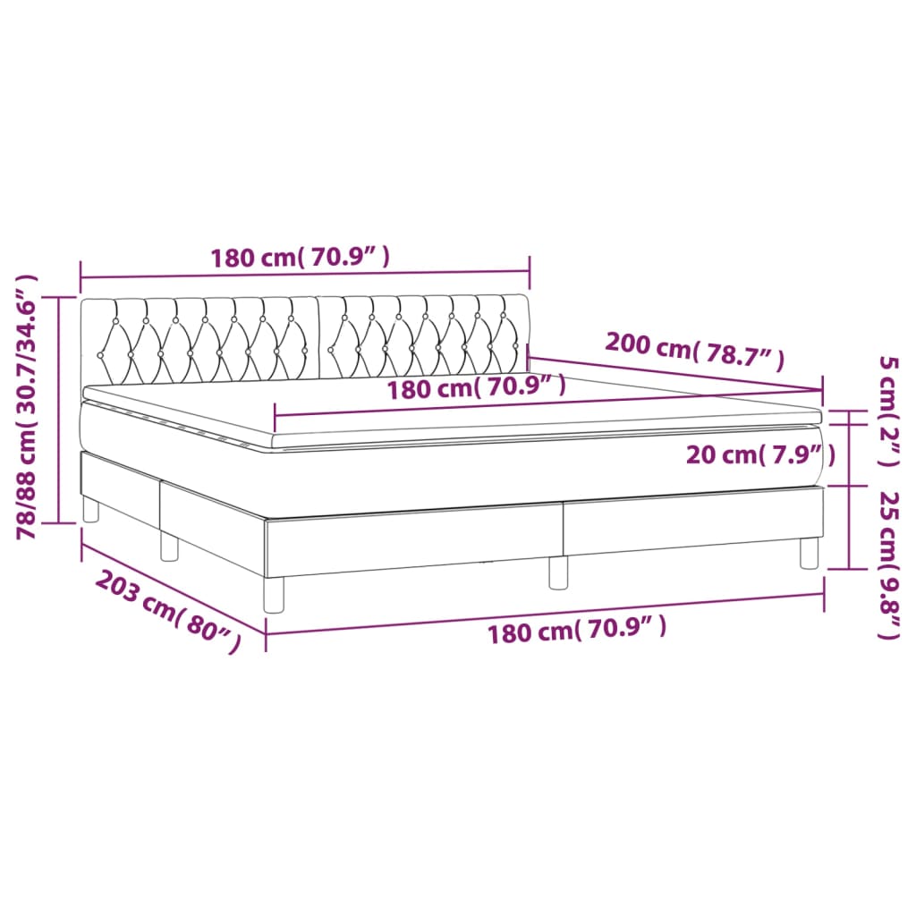 Sommier à lattes de lit matelas et LED Marron foncé 180x200 cm