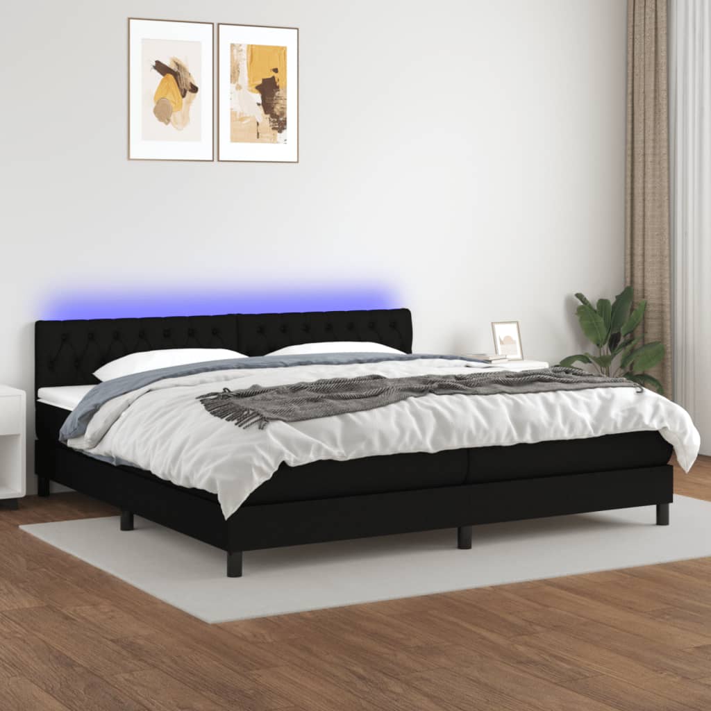 Sommier à lattes de lit et matelas et LED Noir 200x200 cm Tissu