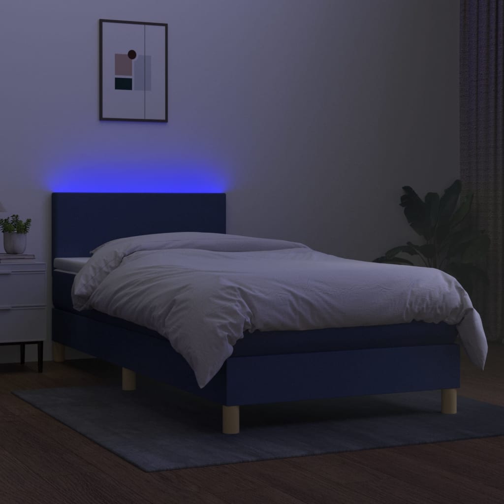 Sommier à lattes de lit avec matelas et LED Bleu 90x200cm Tissu