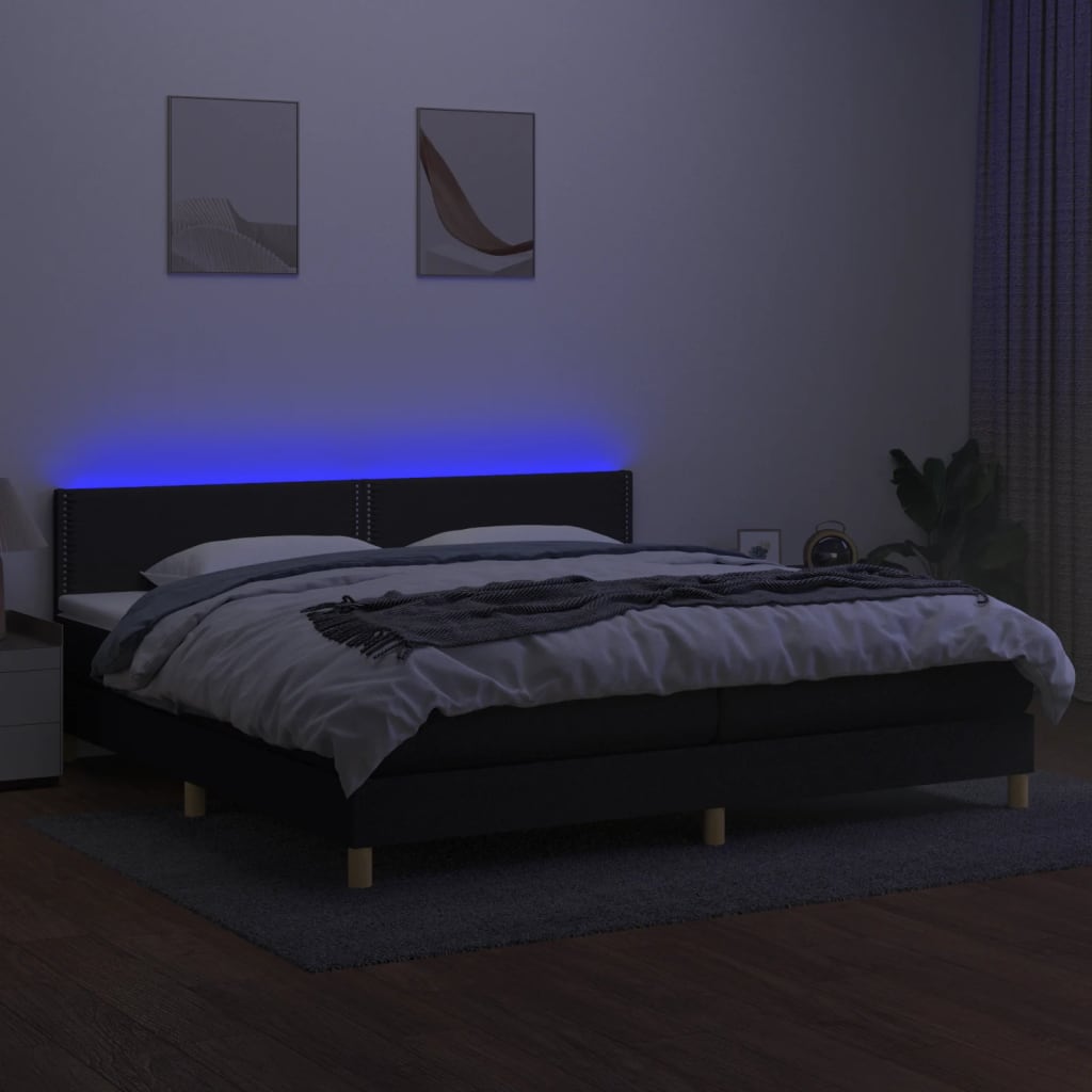 Sommier à lattes de lit et matelas et LED Noir 200x200 cm Tissu