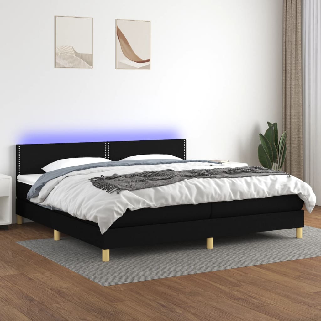 Sommier à lattes de lit et matelas et LED Noir 200x200 cm Tissu