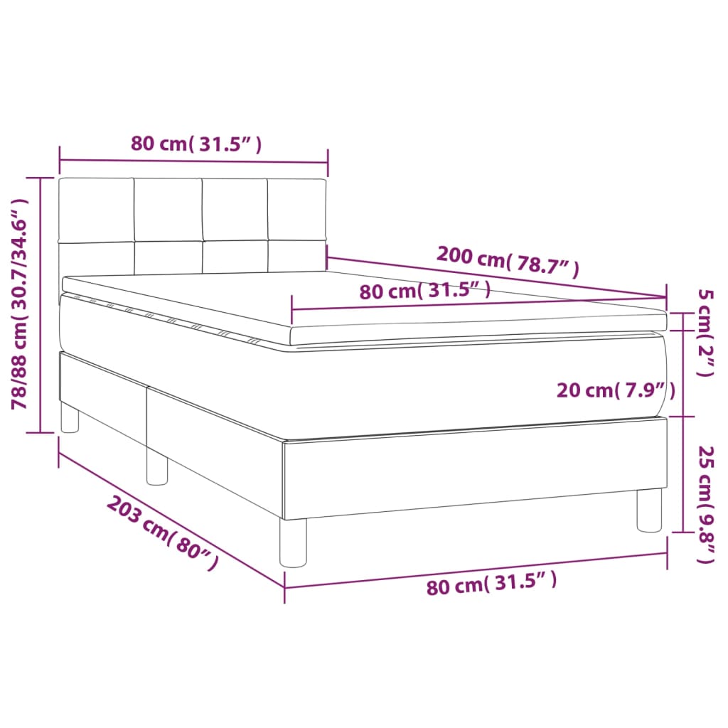 Sommier à lattes de lit avec matelas et LED Gris foncé 80x200cm