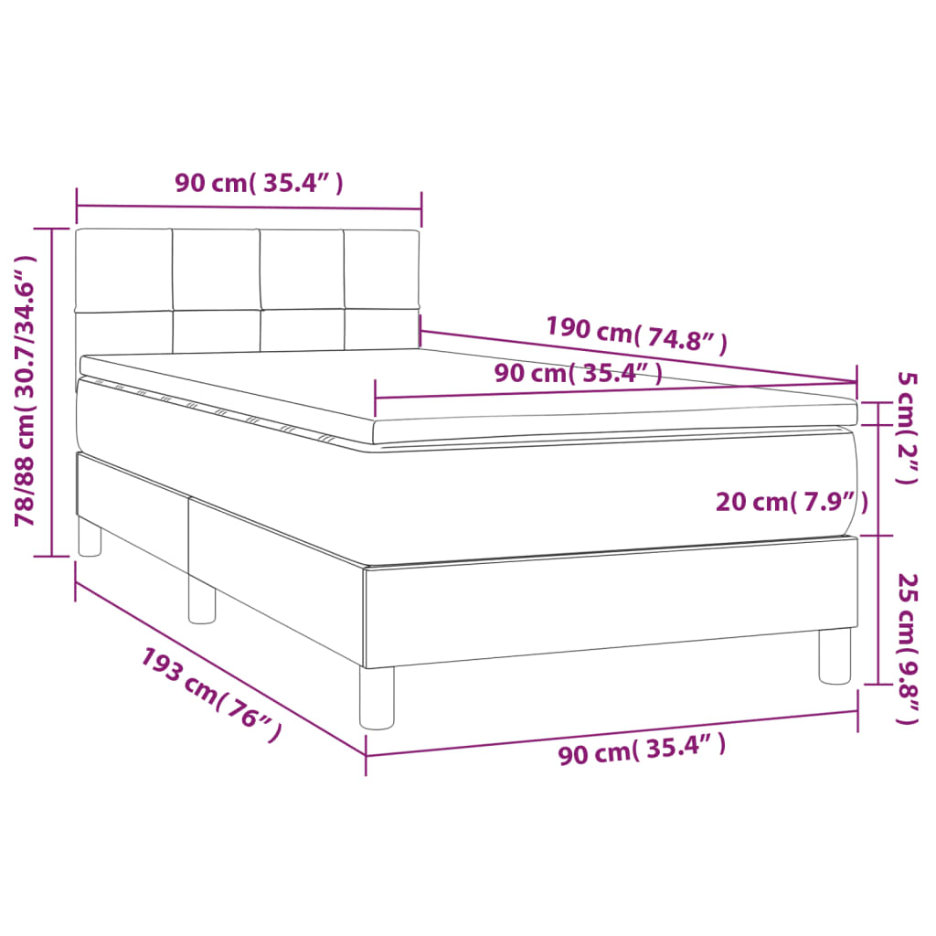 Sommier à lattes de lit avec matelas et LED Gris foncé 90x190cm