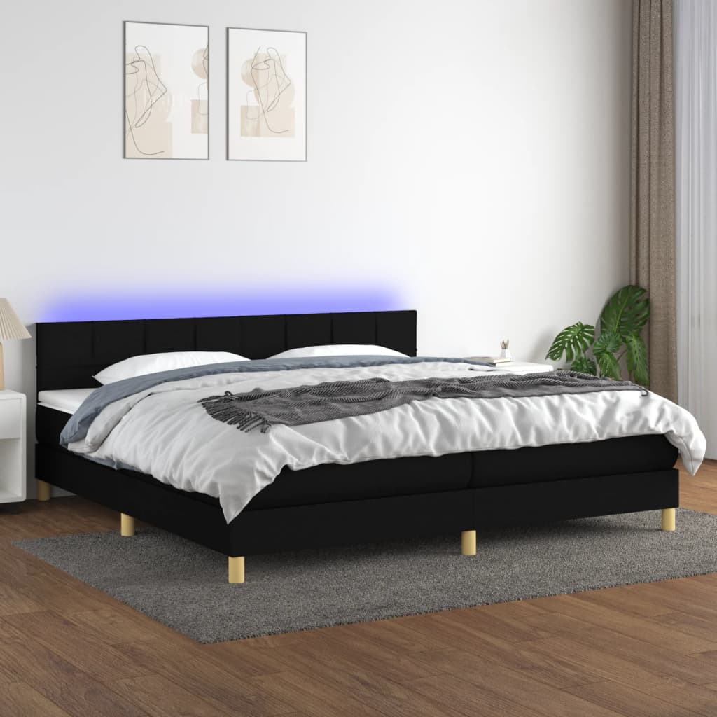 Sommier à lattes de lit et matelas et LED Noir 200x200 cm Tissu