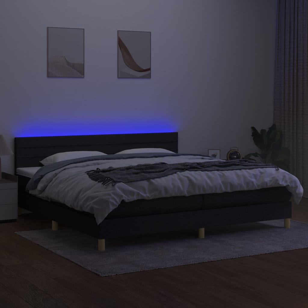 Sommier à lattes de lit et matelas et LED Noir 200x200 cm Tissu