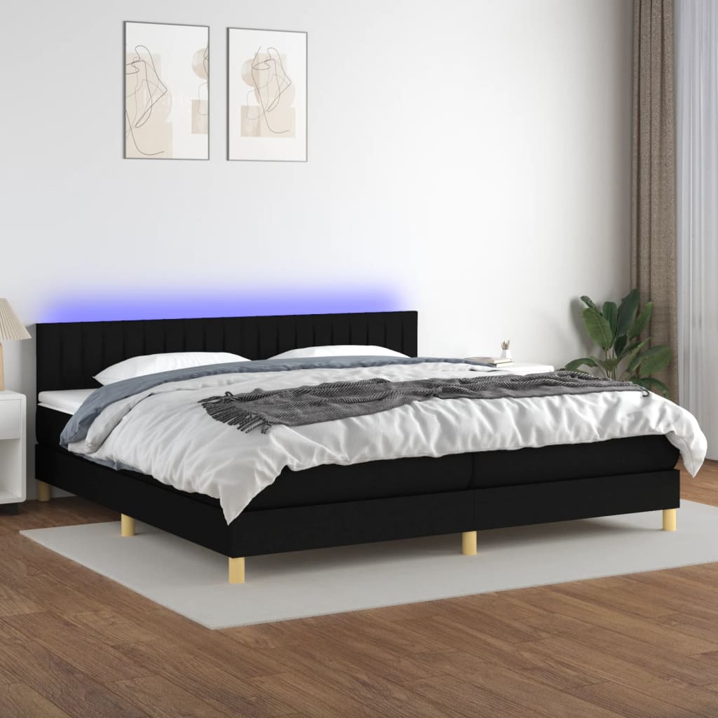 Sommier à lattes de lit et matelas et LED Noir 200x200 cm Tissu