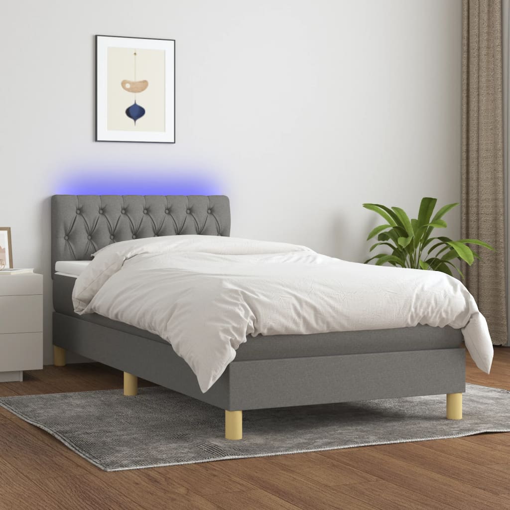 Sommier à lattes de lit avec matelas et LED Gris foncé 90x190cm