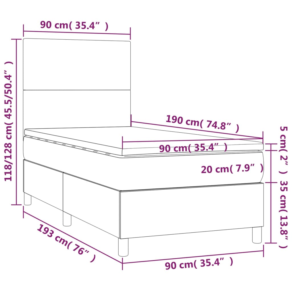 Sommier à lattes de lit avec matelas et LED Gris foncé 90x190cm