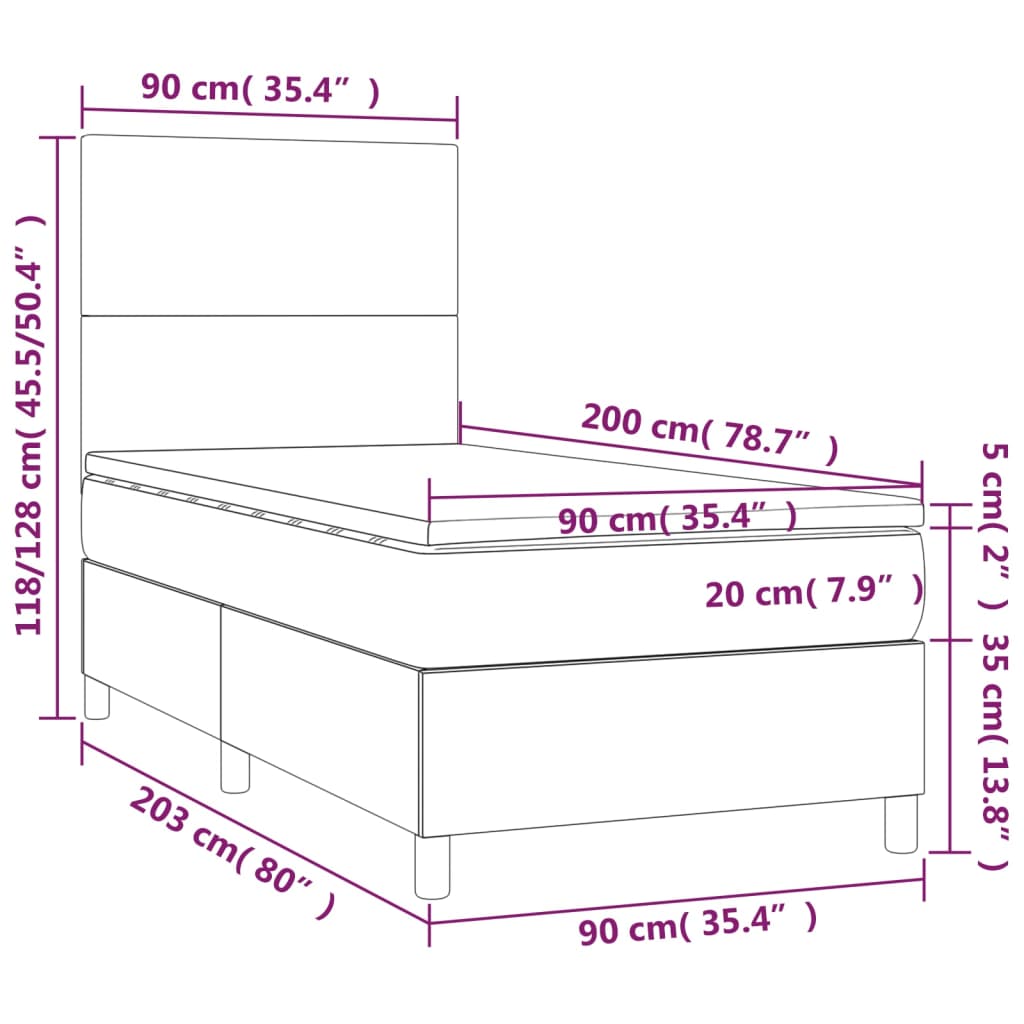 Sommier à lattes de lit avec matelas et LED Gris foncé 90x200cm