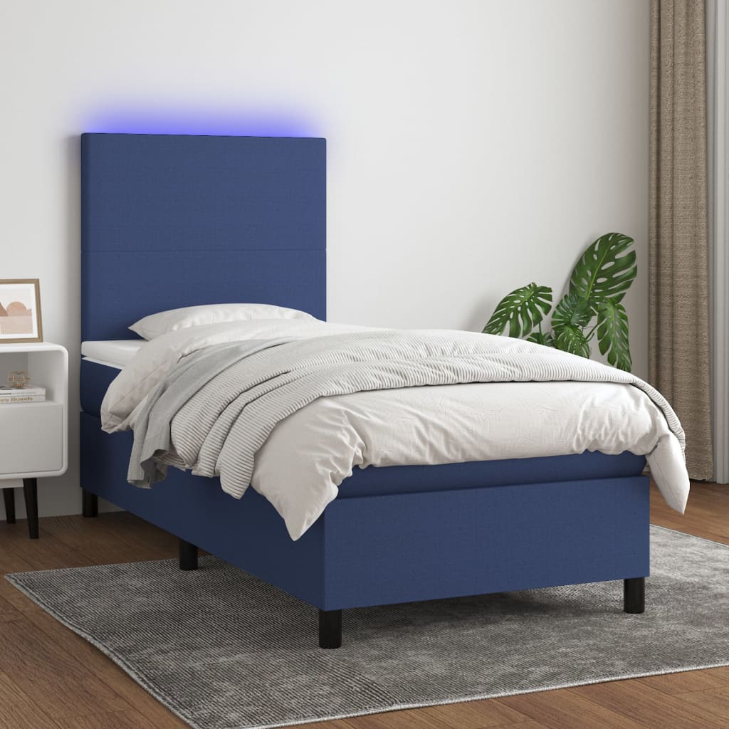 Sommier à lattes de lit avec matelas et LED Bleu 90x200cm Tissu