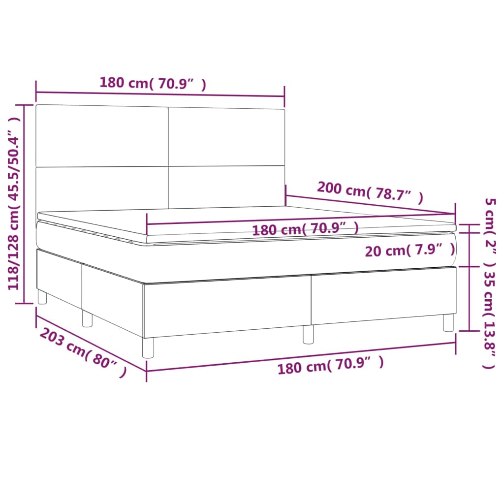 Sommier à lattes de lit et matelas et LED Taupe 180x200cm Tissu