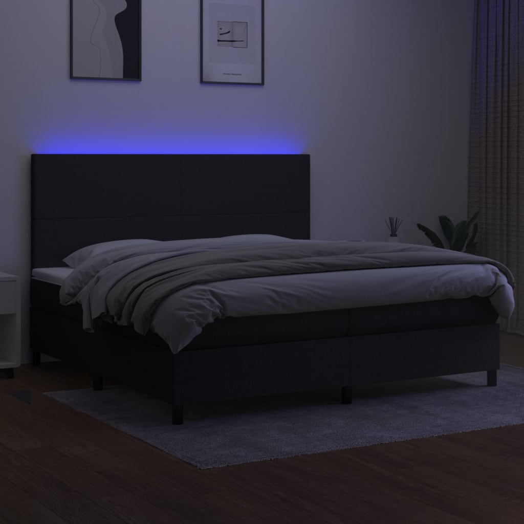 Sommier à lattes de lit et matelas et LED Noir 200x200 cm Tissu