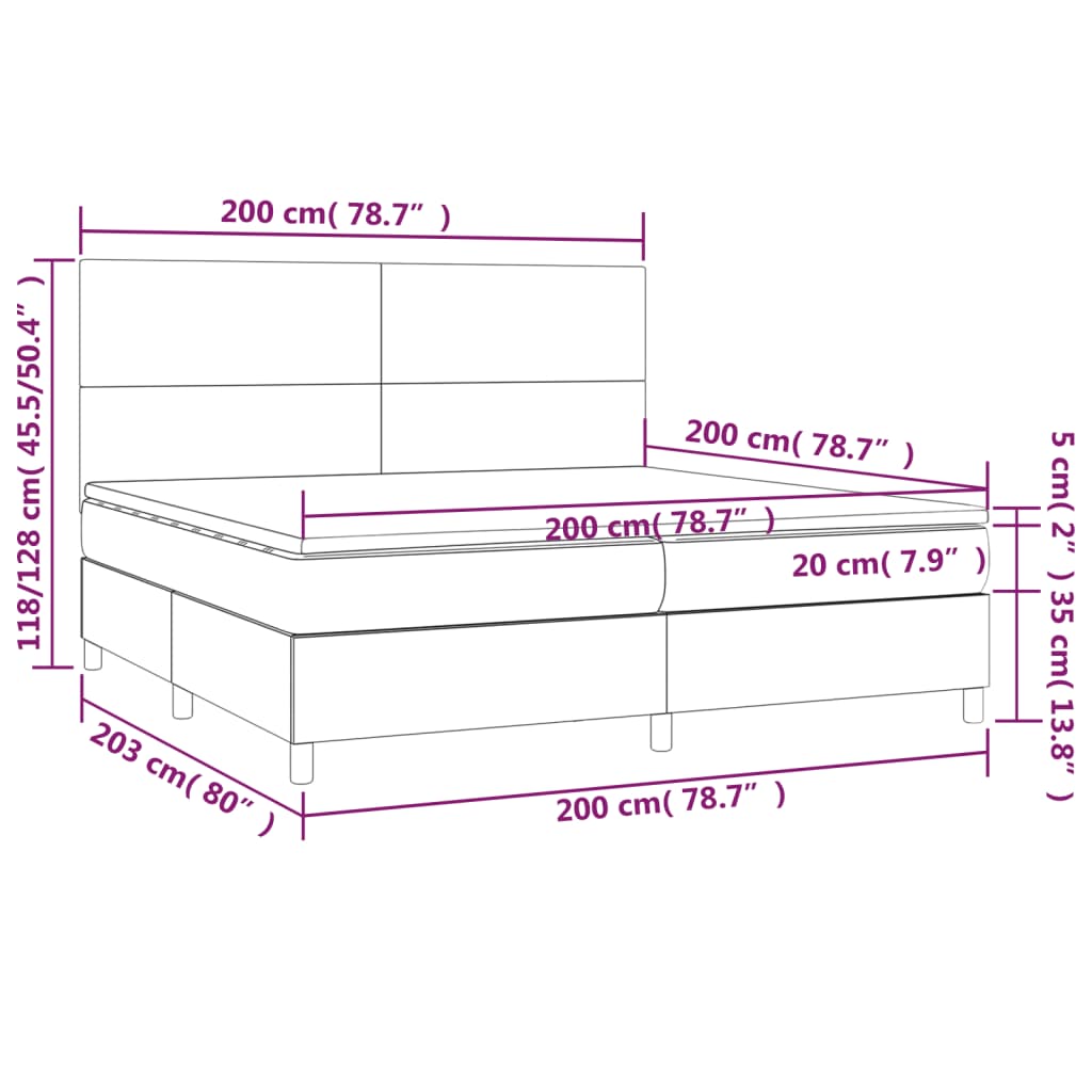 Sommier à lattes de lit et matelas et LED Noir 200x200 cm Tissu