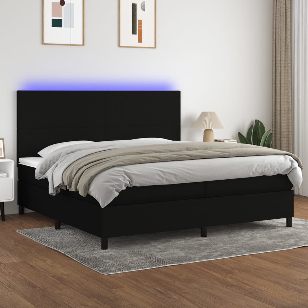 Sommier à lattes de lit et matelas et LED Noir 200x200 cm Tissu