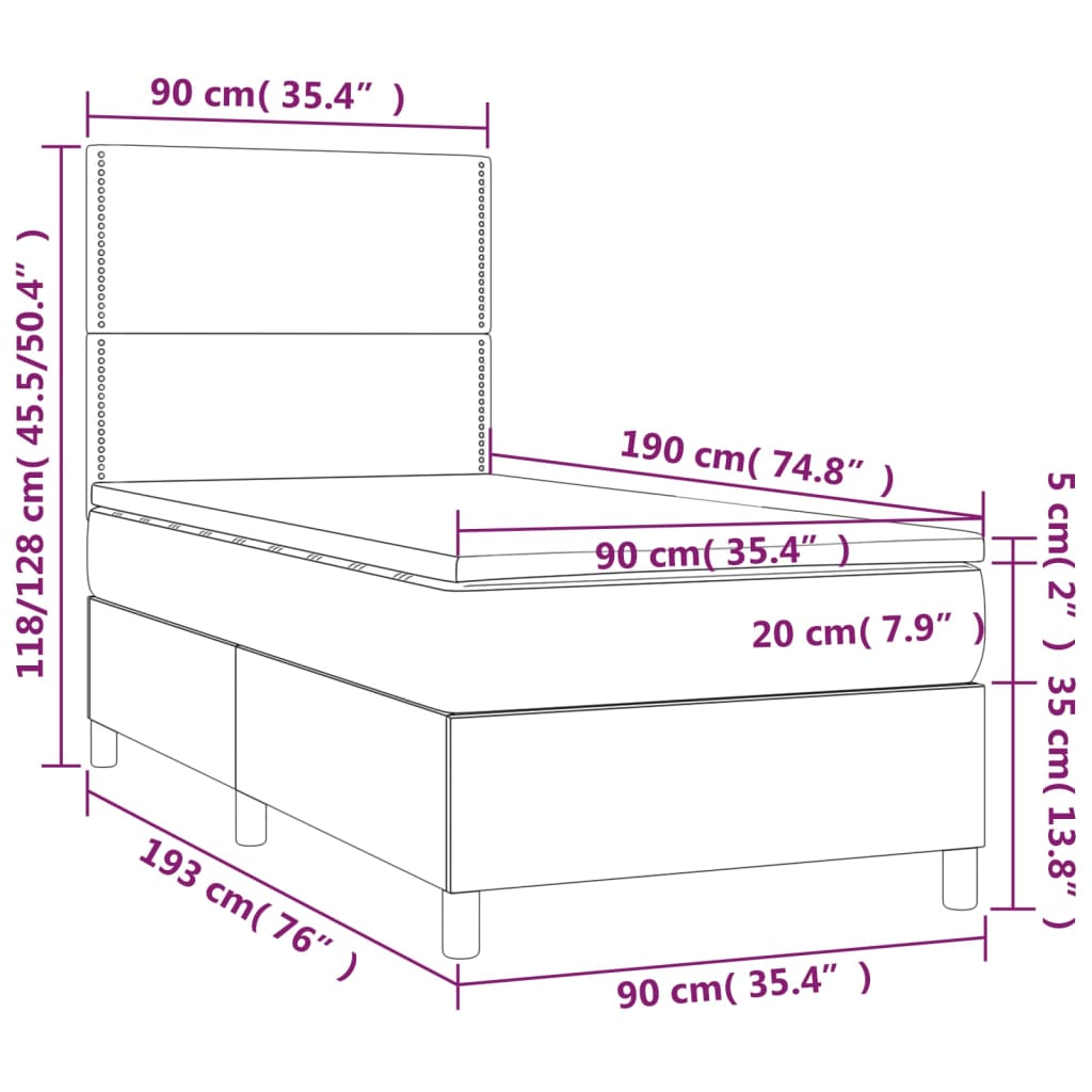 Sommier à lattes de lit avec matelas et LED Gris foncé 90x190cm