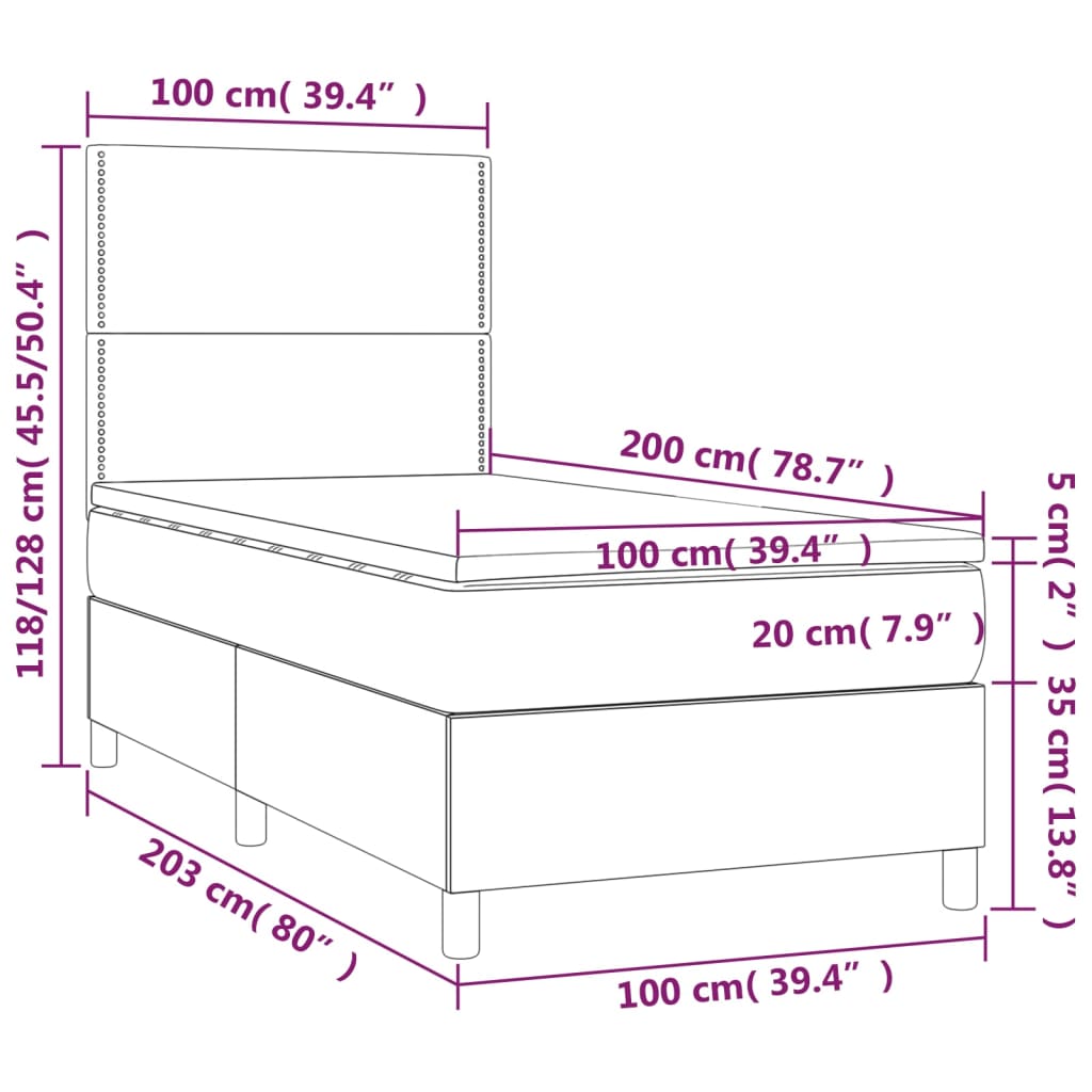 Sommier à lattes de lit et matelas et LED Noir 100x200 cm Tissu