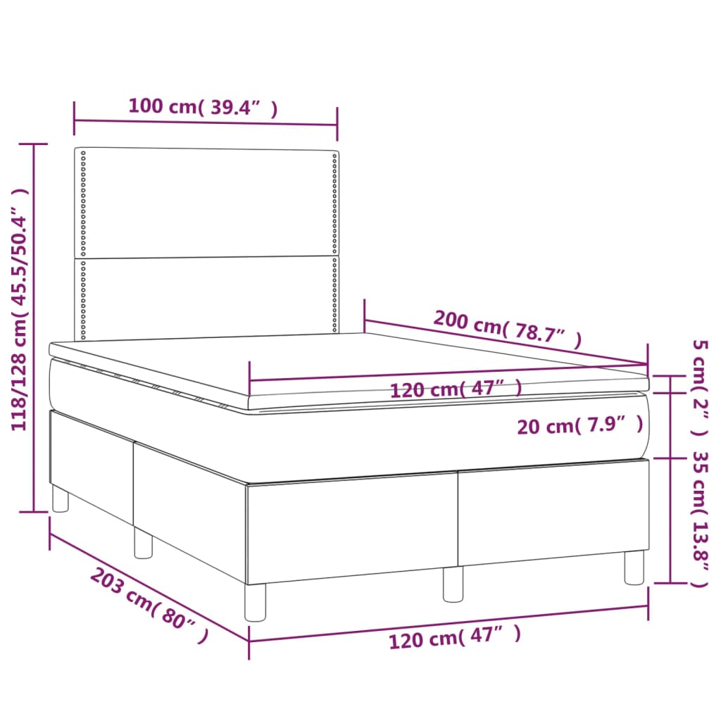 Sommier à lattes de lit et matelas et LED Noir 120x200 cm Tissu