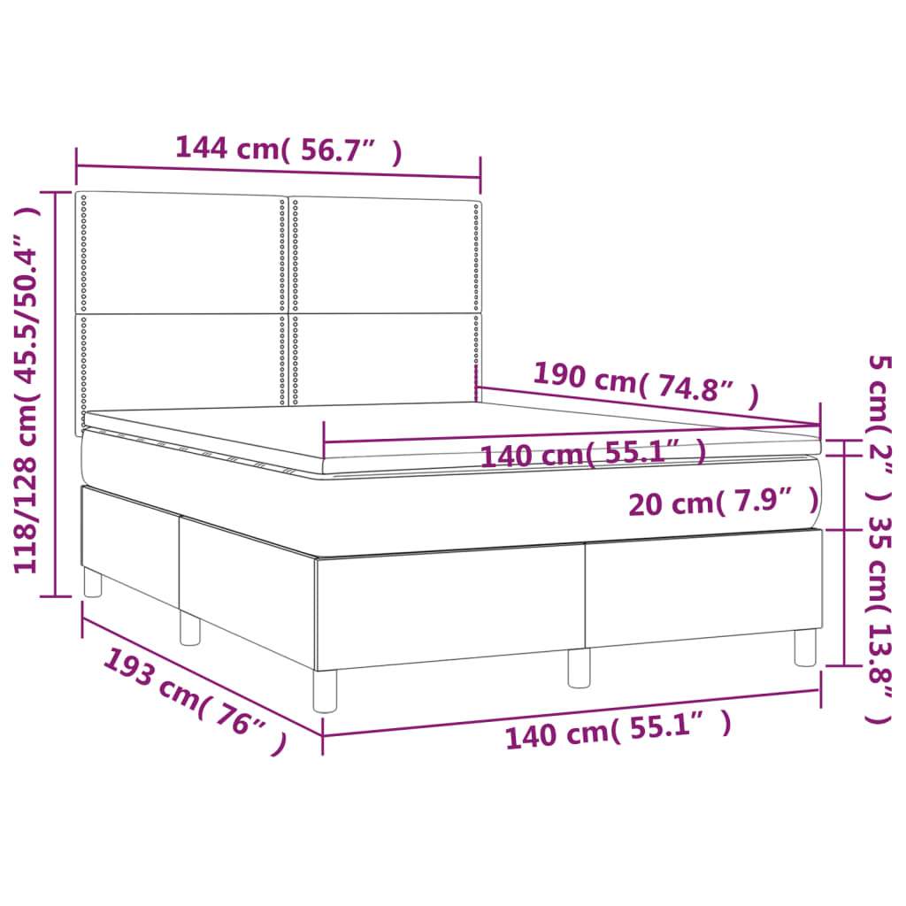 Sommier à lattes de lit et matelas et LED Bleu 140x190 cm Tissu