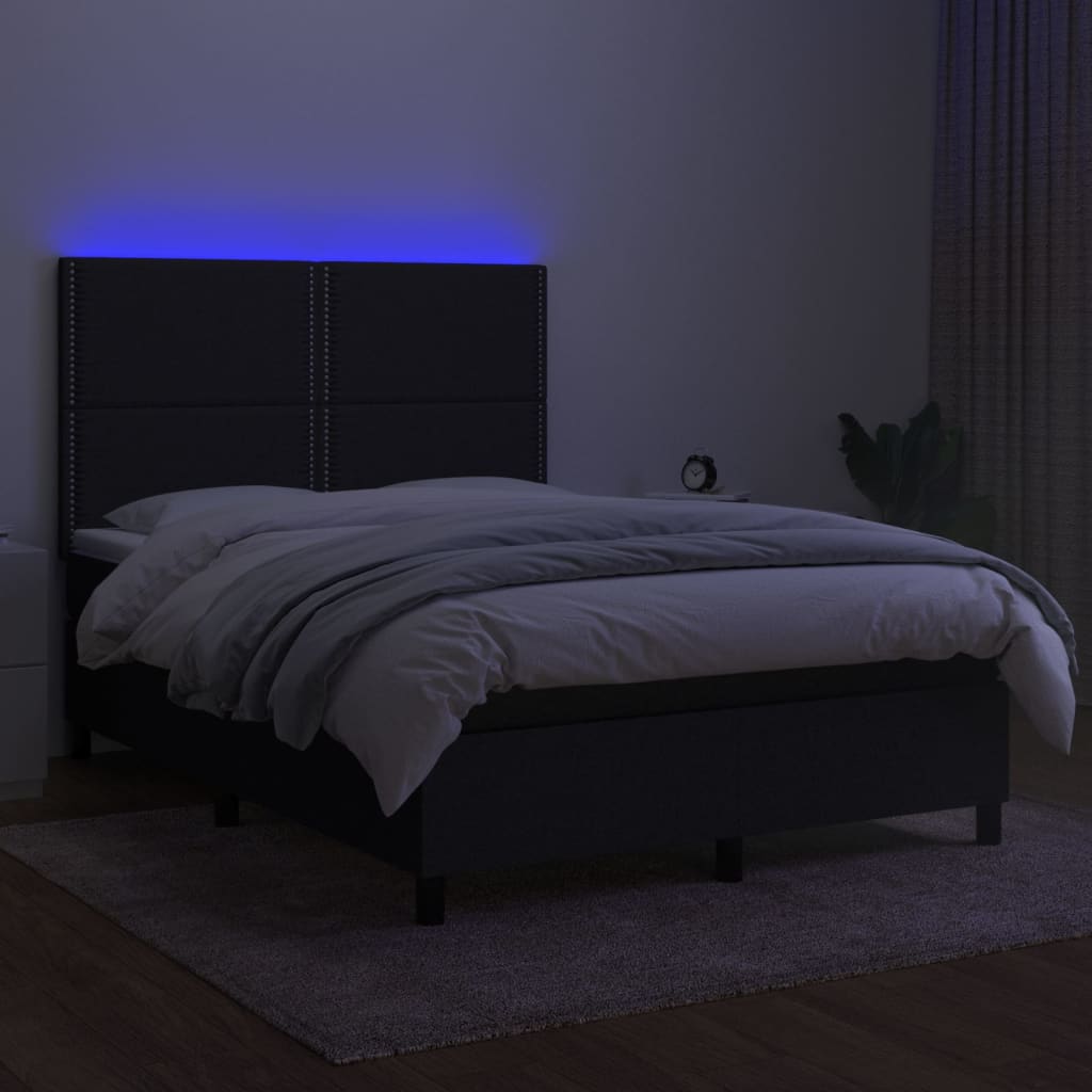 Sommier à lattes de lit et matelas et LED Noir 140x200 cm Tissu