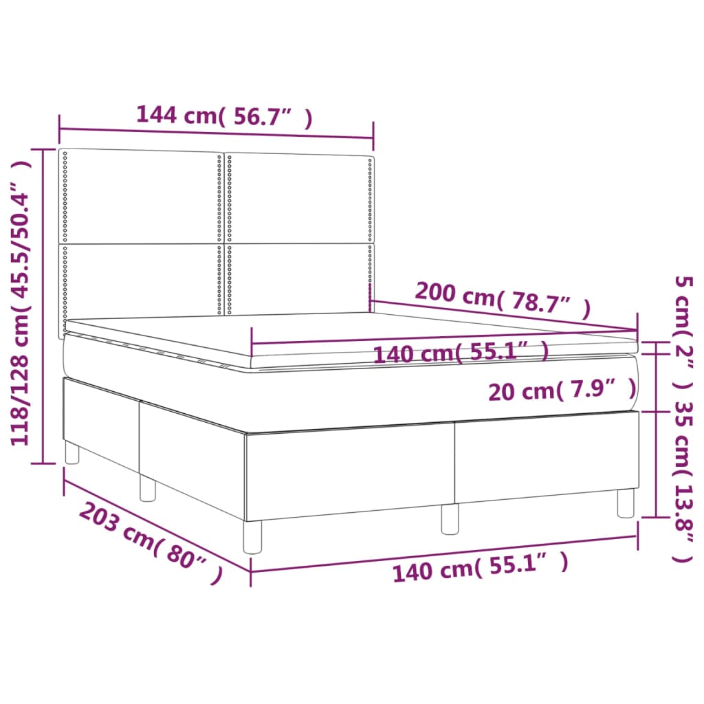 Sommier à lattes de lit et matelas et LED Noir 140x200 cm Tissu