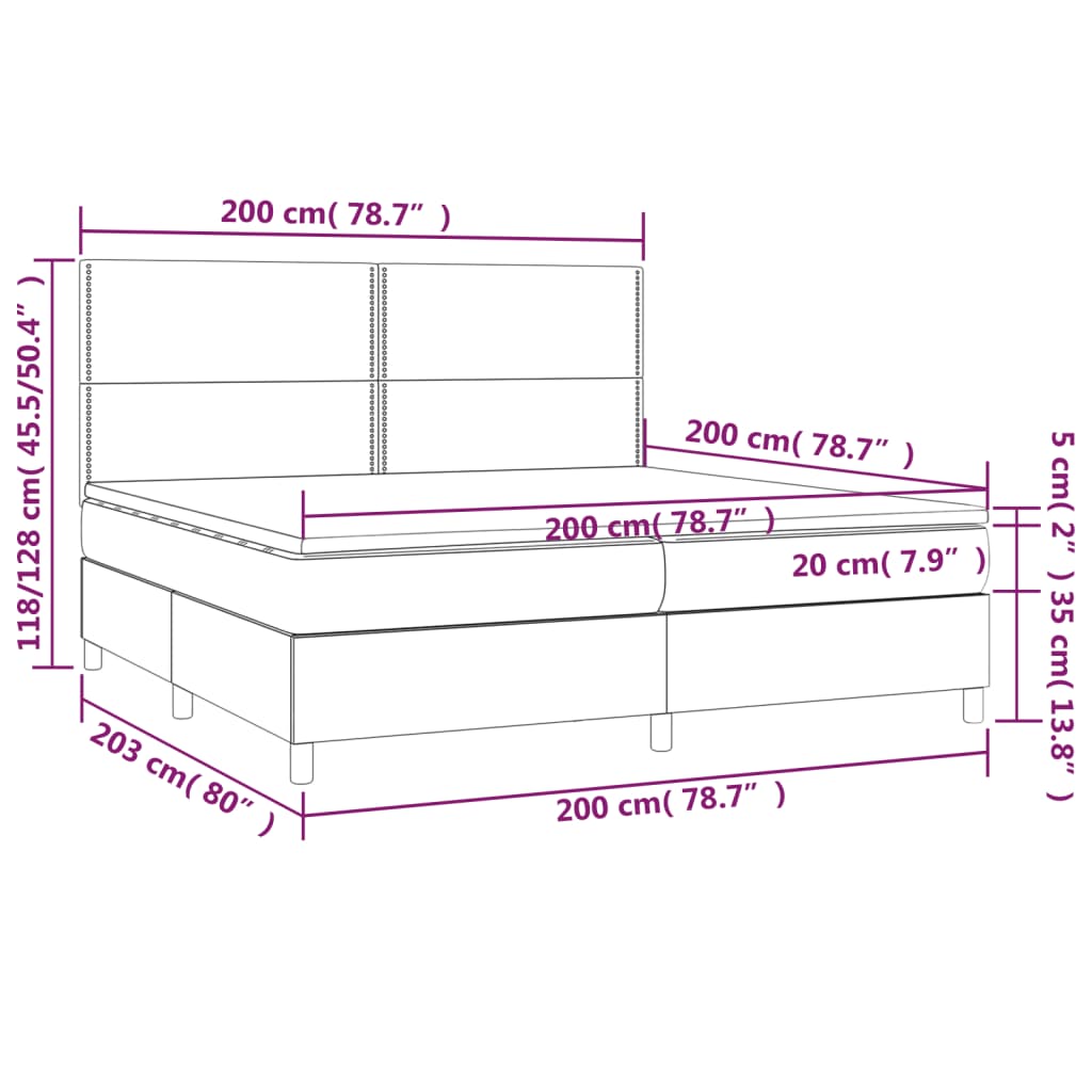 Sommier à lattes de lit et matelas et LED Noir 200x200 cm Tissu