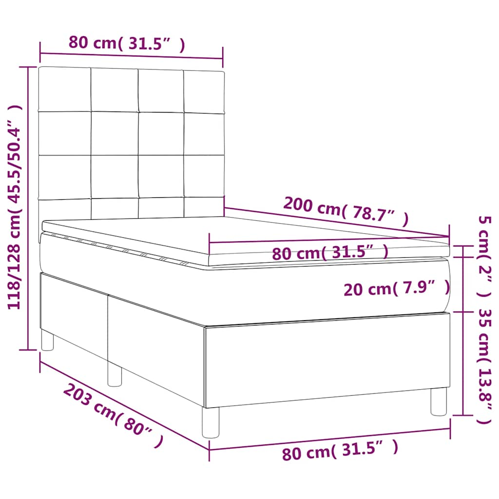 Sommier à lattes de lit avec matelas et LED Gris foncé 80x200cm